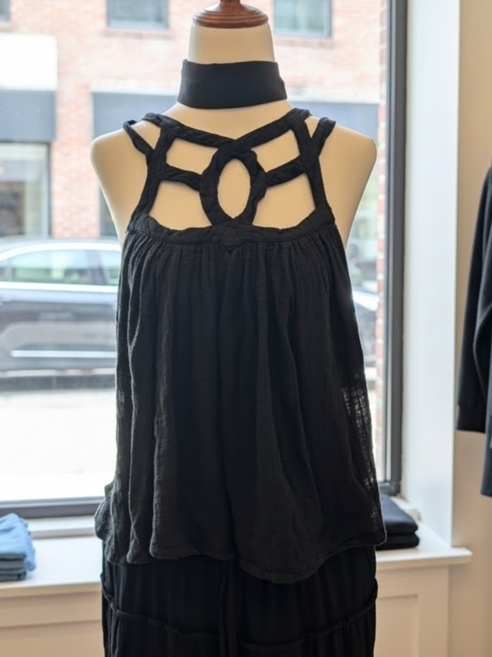 Free People FP One Black Gauze Lattice Cage Neck Babydoll Tank Top Size M